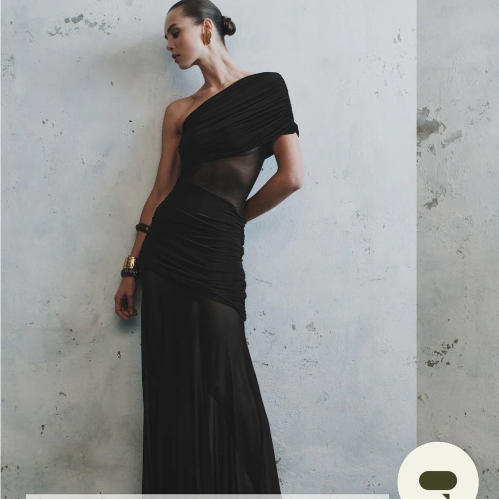 One Shoulder Mesh Maxi Dress - Black